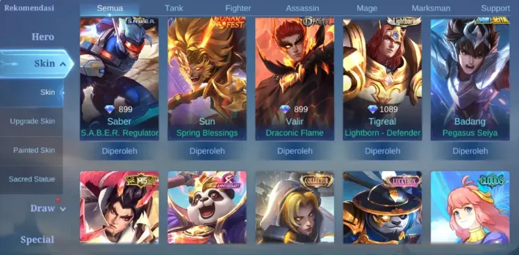 ML604 Clouds Kagura, Luckybox Akai, Lunar Sun, M5 Yu Zhong, Seiya Badang, LB Tigreal Collector, Natalia, Epic Irithel, Lunox, Kimmy, Lancelot and More Skins (G)
